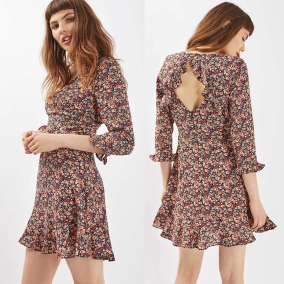 Topshop Peach Pop Ruffle Tea Open Back Dress - Picture 1 of 7